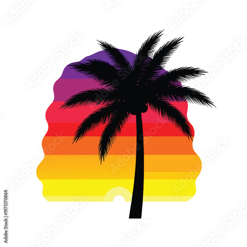 Silhouette of a palm tree against a vibrant, striped sunset backdrop