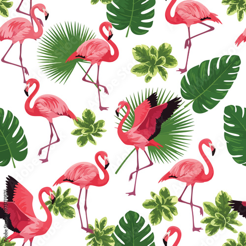 Tropical pattern with pink flamingos and lush green foliage on white