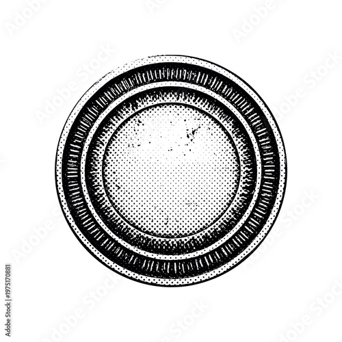 A vintage metal badge with fine engraved lines and subtle surface wear texture, isolated in minimal composition, black and white halftone illustration, dense