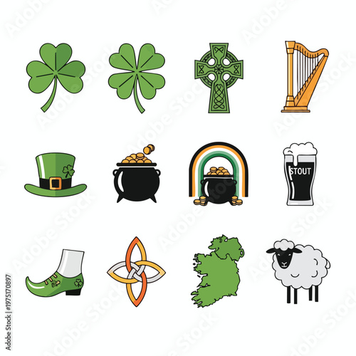 Irish themed illustrations including shamrocks, coins, and a sheep