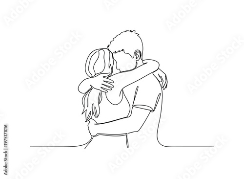 Tight Embrace. Minimalistic one-line drawing a couple hugging closely with intertwined arms, continuous single black line on white background, simple outline
