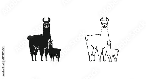 Adorable Alpaca Family: Black and White Baby Llama Illustrations Vector