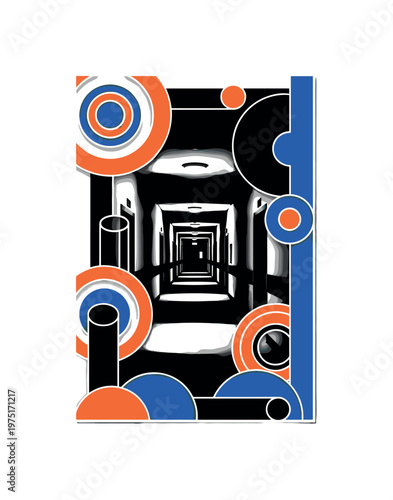 asylum hallway night atmosphere with layered circles cylinders and geometric shapes, black and white eerie hospital corridor lit by distant lights with collage