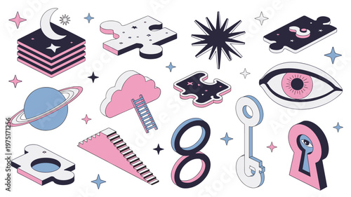 Retro Isometric Icons Set Featuring Moon, Stars, Planet, Cloud, Ladder, Eye, Key, Lock, Puzzle Pieces, Infinity Symbol