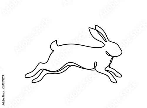 Natural Energy. Minimalistic one-line drawing a rabbit captured mid-jump with balanced dynamic form, continuous single black line on white background, simple