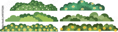Set Of Six Cartoon Style Green Bush And Flower Illustrations On White Background