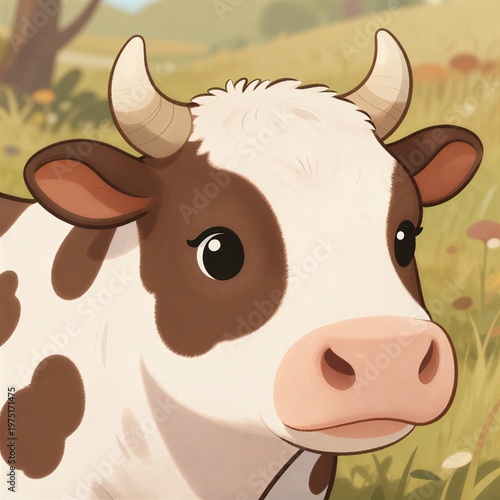 Cute Cartoon Cow In Pastoral Meadow