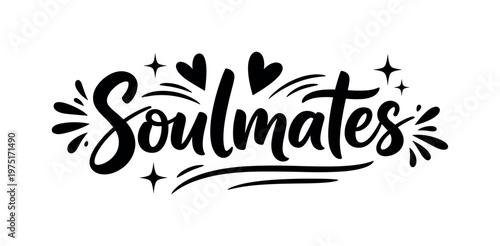 Soulmates. lettering and all elements in black. Vector style. AWhite background. Pure white background. Perfect isolation and visual consistency.