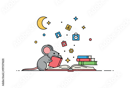 Mouse imagination a little mouse reading as tiny floating icons or sparkles rise from the book suggesting stories coming to life. A playful metaphor for