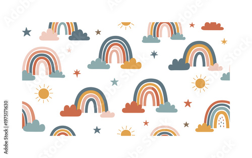 rainbows and clouds seamless pattern, repeating pattern, surface design, textile print, soft color palette, modern illustration, flat vector boho rainbows with
