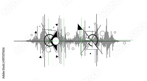 distorted tuning signal with geometric disruption, monochrome frequency lines warped and intersected by triangles and circular fragments, glitch lines cutting