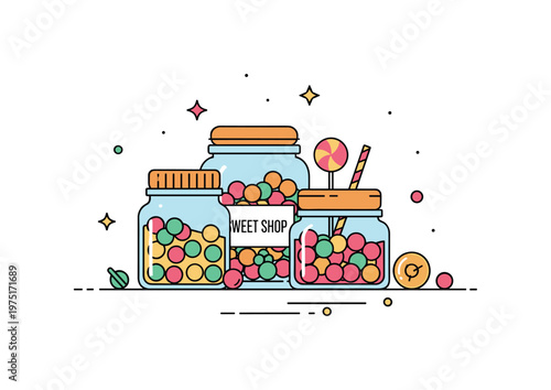 Sweet shop jars a small display of candy jars with bright contents and a friendly composition suggesting a treat shop. A warm and inviting illustration of