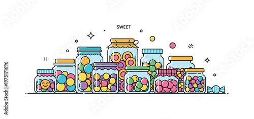 Sweet jar assortment a group of small candy jars with varied shapes and bright contents arranged harmoniously. A lively and inviting visual of treats and