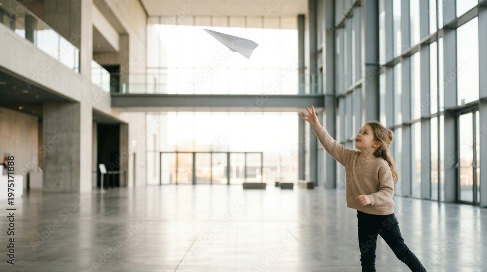 Fototapeta premium Child throwing paper airplane in spacious modern atrium with floor to ceiling windows and soft backlight