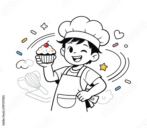Kids baking activity. A cheerful child holding a freshly baked cupcake, proud smile and playful pose. Floating