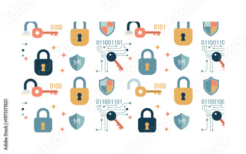 data encryption seamless pattern, repeating pattern, surface design, textile print, soft color palette, modern illustration, no shadows, flat lighting, playful