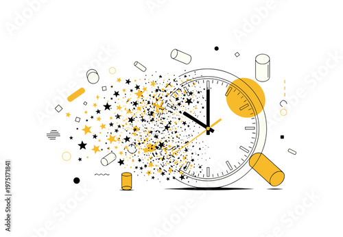 front-facing clock transforming into star particles, yellow semicircles and thin black lines suggesting motion, abstract cylinders and symbols around, balanced