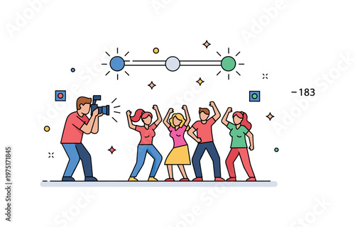 Event photography at a lively party scene with a photographer capturing moments of people dancing under simple light accents conveying energy, celebration, and