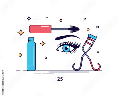 Mascara application scene featuring a wand brushing lashes with a nearby curler suggesting preparation, definition, and expressive eye styling. Minimalist flat
