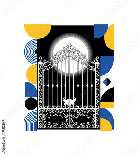 moonlight through iron gate with abstract semicircles circles and graphic blocks, black and white wrought iron gate glowing under full moon with white outline