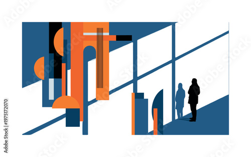 noir window shadow waiting with geometric semicircles lines and abstract blocks, black and white silhouette near window with long dramatic shadows with layered