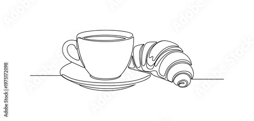 Parisian Cafe. Minimalistic one-line drawing a classic coffee cup and croissant arranged elegantly, continuous single black line on white background, simple