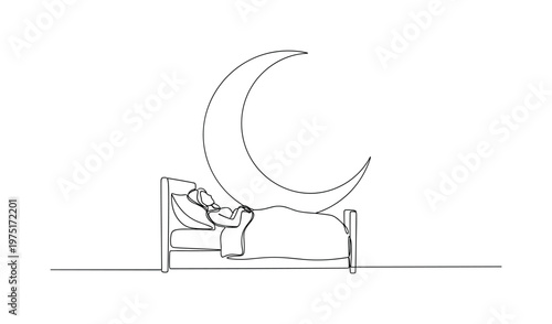 Calm Night Atmosphere. Minimalistic one-line drawing bed with resting person and large crescent moon in background, continuous single black line on white