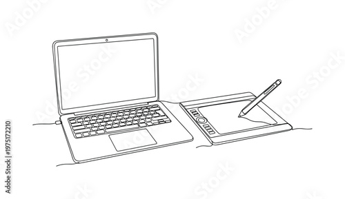 Creative Workflow Concept. Minimalistic one-line drawing laptop with pen tablet and stylus beside, continuous single black line on white background, simple