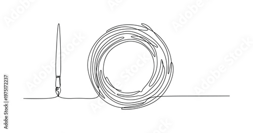 Artistic Imagination Symbol. Minimalistic one-line drawing brush tip creating circular abstract paint swirl, continuous single black line on white background,