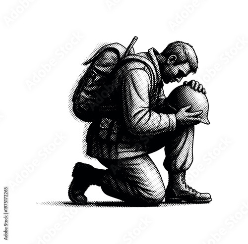 A kneeling soldier silhouette paying respect with head bowed and helmet held, engraved-style detailing with halftone shadows, black and white, newspaper dot