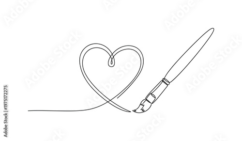 Creative Expression Scene. Minimalistic one-line drawing paint brush forming heart-shaped paint stroke, continuous single black line on white background,