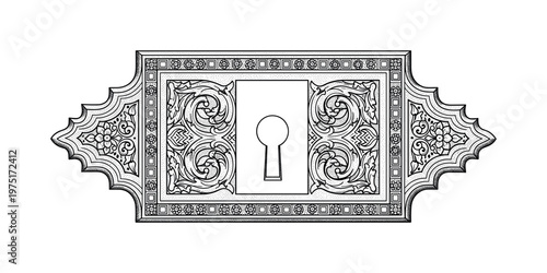 An ornate escutcheon plate with a decorative lock frame and detailed engraved borders, enlarged with generous negative space, black and white