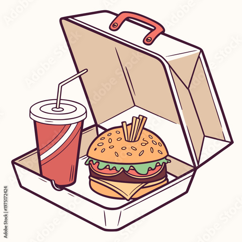 A vector graphic illustration of a hamburger and soda in a takeout box