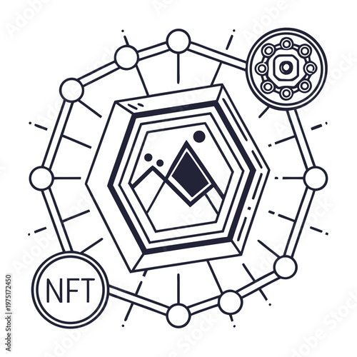 A black and white vector graphic illustration of a geometric NFT design
