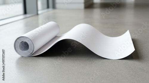 Rolled white paper curling into wave on concrete floor near window with soft natural light