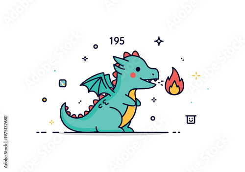 Playful little dragon fire cute tiny dragon exhaling a small flame with tiny sparkles and subtle decorative accents for a whimsical illustration. Minimalist