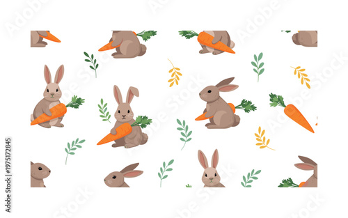 rabbits with carrots seamless pattern, repeating pattern, surface design, textile print, soft color palette, modern illustration, flat vector rabbits with