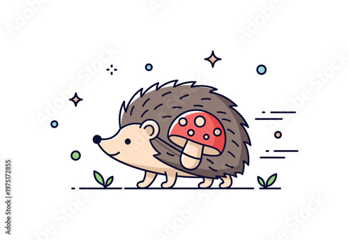 Cute hedgehog walk a tiny hedgehog carrying a mushroom with soft motion lines and a calm friendly posture. The scene conveys gentle travel and quiet curiosity,