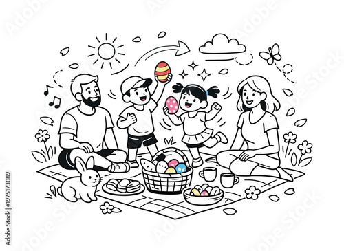Family Easter Celebration. A cheerful family gathered around a picnic blanket in a blooming spring meadow,