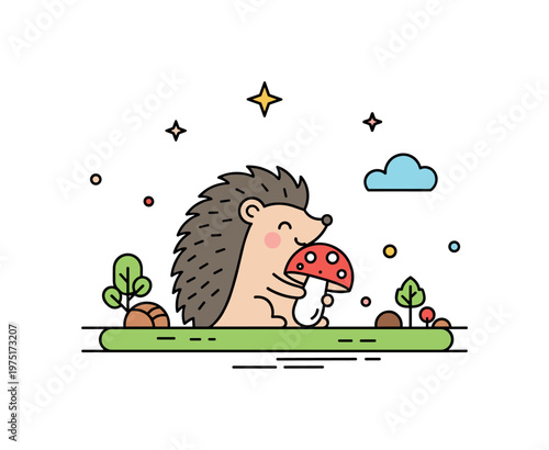 Mini woodland scene a tiny hedgehog holding a mushroom with a gentle smile and balanced composition. The scene highlights warmth and quiet forest life,