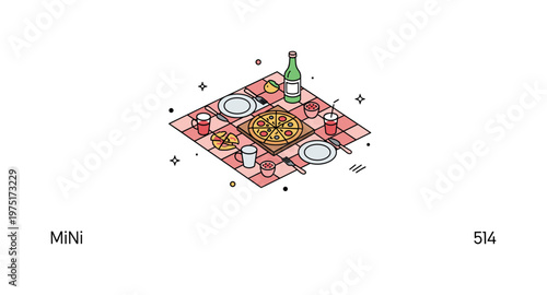 Mini whimsical pizza picnic charming tiny pizza picnic on a blanket with small plates and drinks, subtle decorative sparkles adding a playful touch. Minimalist
