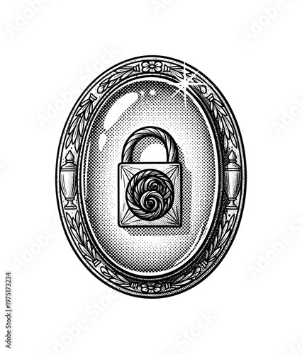 A mourning brooch with a lock of hair enclosed under glass, rendered with engraved linework and halftone gradients, black and white illustration, classic print