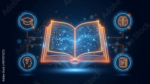 digital education and online learning concept with glowing open book icon featuring futuristic neural network brain graduate cap and data science icons on dark blue background