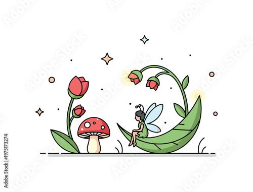 Miniature enchanted garden a tiny fairy sitting on a curved leaf beside a small mushroom and budding flowers with light glow accents. The composition conveys