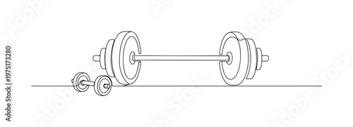 Muscle Building Concept. Minimalistic one-line drawing barbell resting on floor with small dumbbells on each side, continuous single black line on white