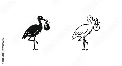 Cute Storks Carrying Baby Symbols Illustration Vector