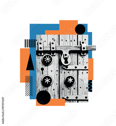 medieval door bolt hardware with geometric circles semicircles and symbolic shapes, black and white heavy iron door bolt reminiscent of old castle doors with