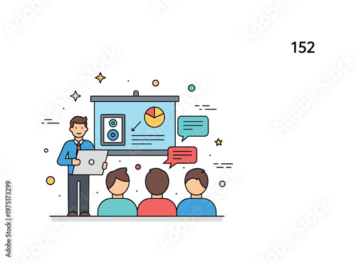 Office workshop presentation scene with a speaker, screen, and attentive team expressing learning culture, communication, and productivity. Minimalist flat