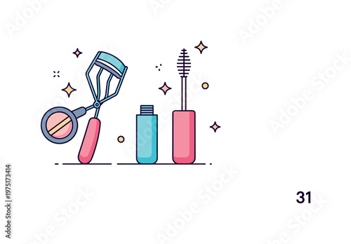 Makeup preparation scene featuring a curler tool and open mascara with soft sparkle accents suggesting readiness, care, and polished appearance. Minimalist