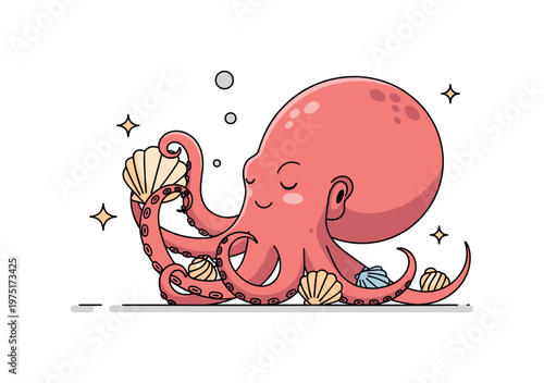 Octopus curiosity a friendly round octopus examining a seashell closely while holding a few more in its tentacles with small sparkle details. The scene conveys